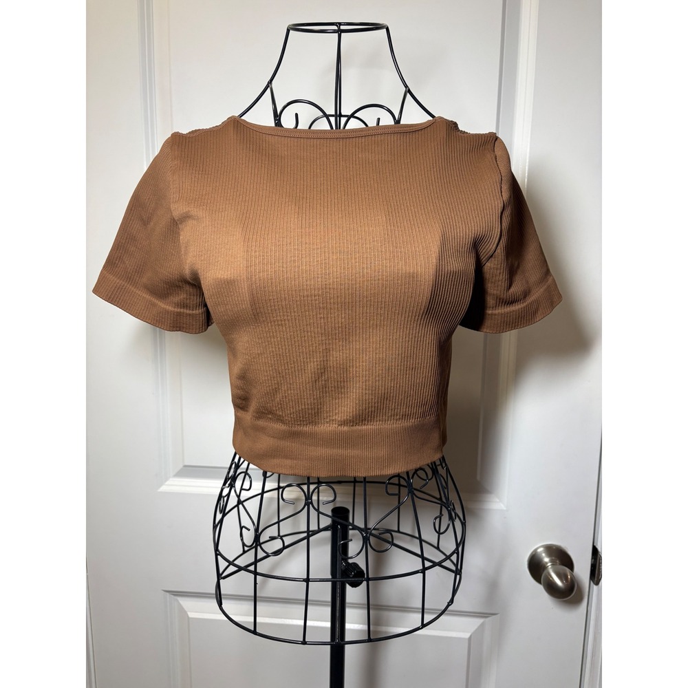 Reversible Ribbed Crop Top‎ Short Sleeve Boat Square Neck Brown Camel